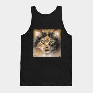 Painting of a Calico Tri-Color Fluffy Cat with Gorgeous Green Eyes Tank Top